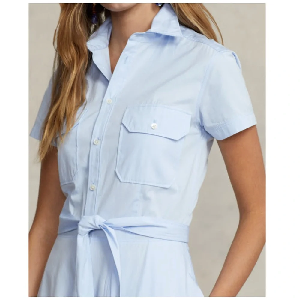 Belted Tiered Cotton Shirtdress in light blue - Picture 2 of 3